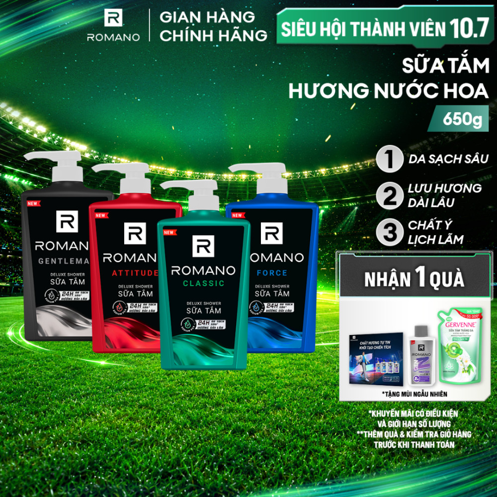[SVIP] Sữa tắm Romano hương nước hoa Classic/ Attitude/ Force/ Gentleman 650g/chai - 4 mùi hương (Tặng loại ngẫu nhiên)
