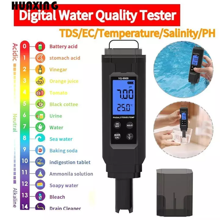 Bút thử nước gia dụng HUAXING, Máy đo chất lượng nước chống nước 5 trong 1, Máy đo độ chính xác cao LCD chuyên nghiệp Máy đo PH kỹ thuật số Bệnh viện