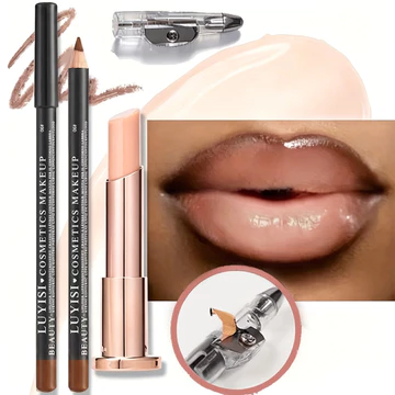 Bộ trang điểm môi 3 món/set (Chì kẻ viền môi màu nâu, Son dưỡng môi và Mũ uốn), Chì kẻ viền nhung mờ mềm mại kết hợp son dưỡng ẩm, son lì, combo kẻ viền dành cho nữ