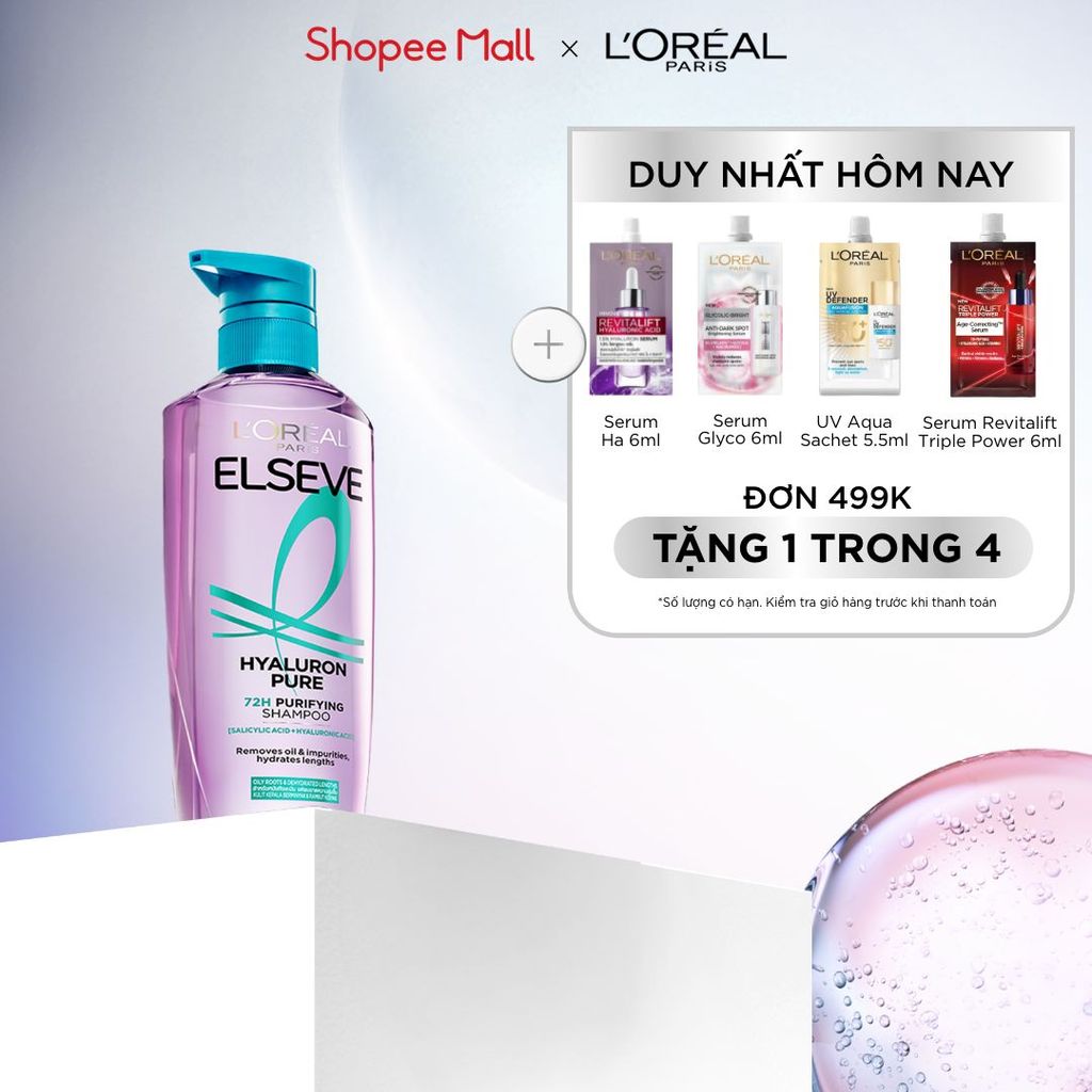 Dầu gội nhẹ bồng mái tóc 72H Elseve HA Pure cho da đầu dầu hoặc Moist cho da đầu khô 620ML