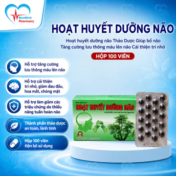 Hoạt huyết dưỡng não, Giúp bổ não ,Tăng cường lưu thông máu lên não ,Cải thiện trí nhớ Hộp 100 Viên