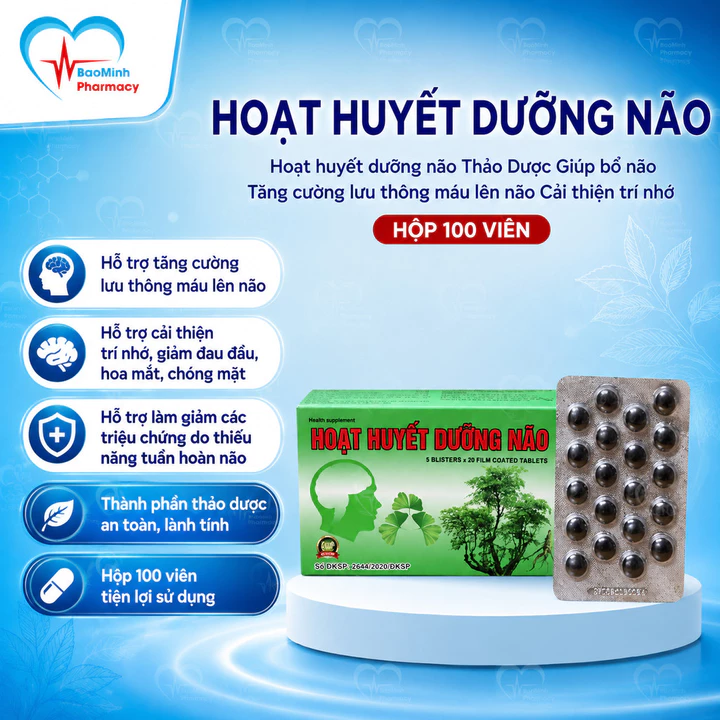 Hoạt huyết dưỡng não, Giúp bổ não ,Tăng cường lưu thông máu lên não ,Cải thiện trí nhớ Hộp 100 Viên