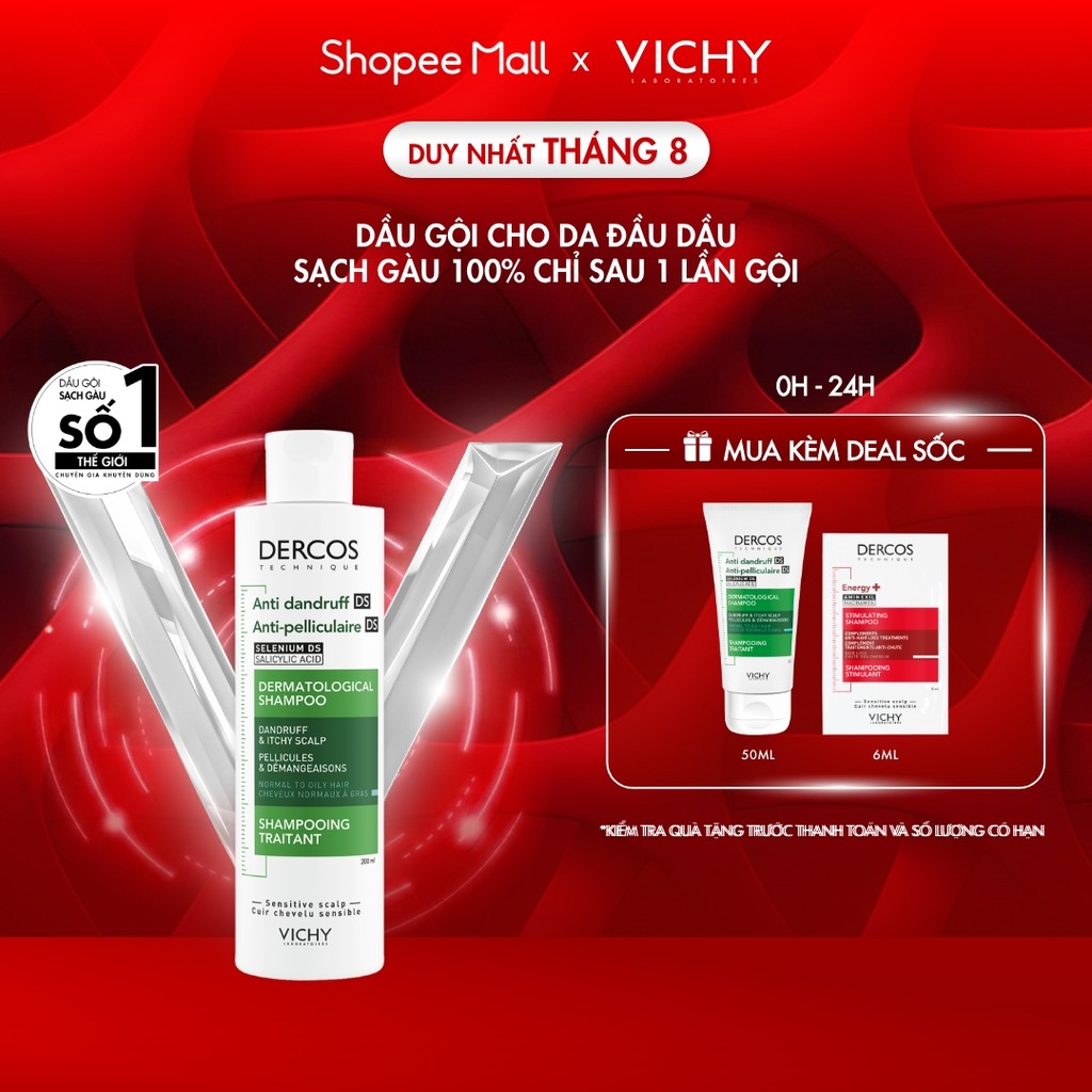 Dầu gội sạch gàu Dercos VICHY 100% chỉ sau 1 lần gội dành cho da dầu & ngứa, SỐ 1 Việt Nam chuyên gia khuyên dùng 200ml