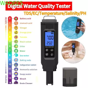 WADEES Bút thử nước gia đình, Màn hình kỹ thuật số LCD Máy đo chất lượng nước đa chức năng, Bút thử nước 5 trong 1 Chống nước Độ chính xác cao Máy đo PH kỹ thuật số