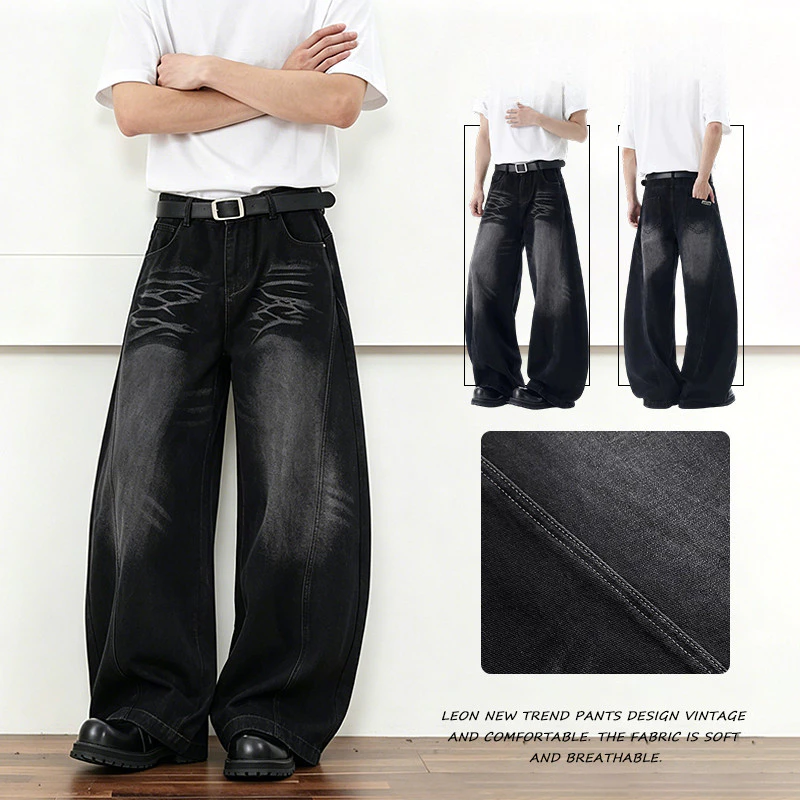 Mỹ Phong Cách Retro Quần Nam Màu Đen Rời Quần Jean Rời Quần Nam Denim Quần Giặt Quần Jean Ống Rộng Quần Nam Thời Trang Quần Sàn