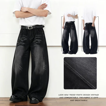Mỹ Phong Cách Retro Quần Nam Màu Đen Rời Quần Jean Rời Quần Nam Denim Quần Giặt Quần Jean Ống Rộng Quần Nam Thời Trang Quần Sàn