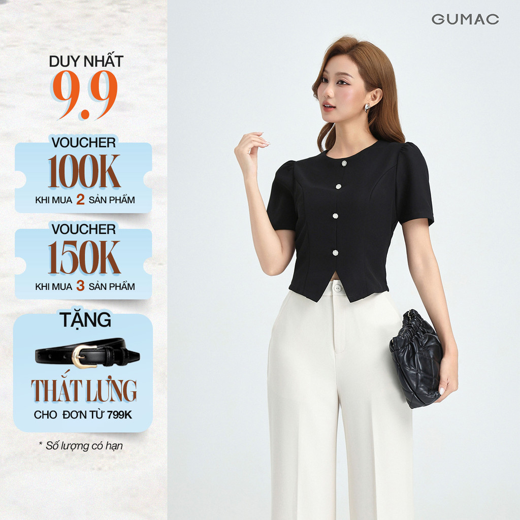 Áo Kiểu Nữ GUMAC Áo Kiểu Lửng Công Sở Xẻ V Đính Nút Tôn Dáng Sang Trọng Vải Chéo Ý LAG0414