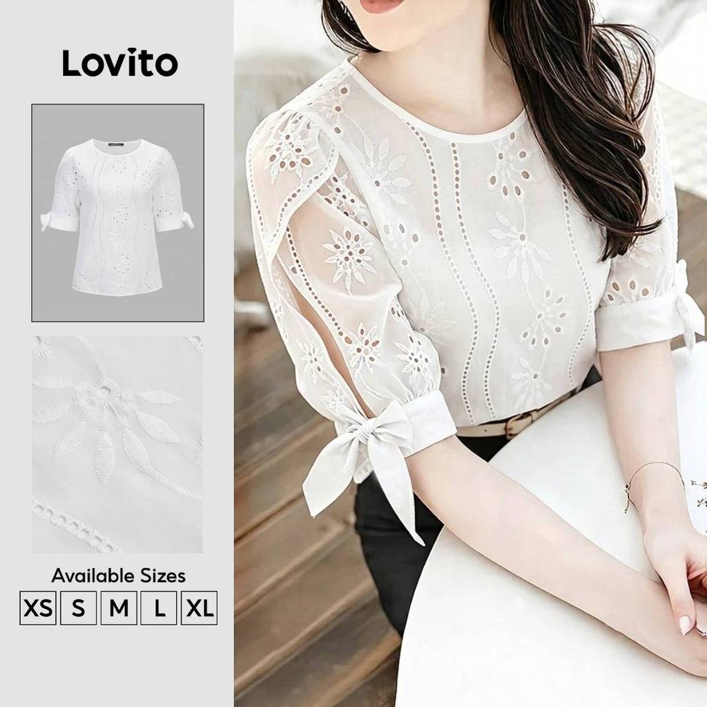Lovito Áo Boho Ren Trắng Xếp Ly Dây Rút Xuân/Hè cho Nữ BLK8P1D394