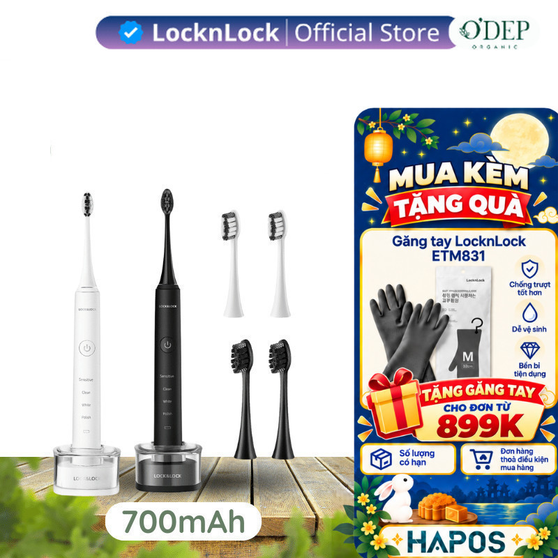 Bàn chải đánh răng điện LocknLock 4 chế độ, chống nước, sạc không dây ENR346 (màu trắng & màu đen) - Hapos