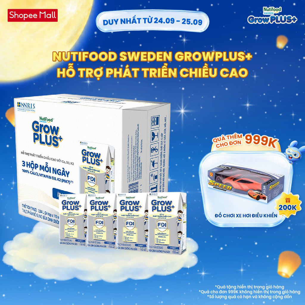 Thùng 24 hộp Sữa Bột Pha Sẵn Nutifood Sweden GrowPLUS+ Cao lớn vượt trội hộp 110 ml