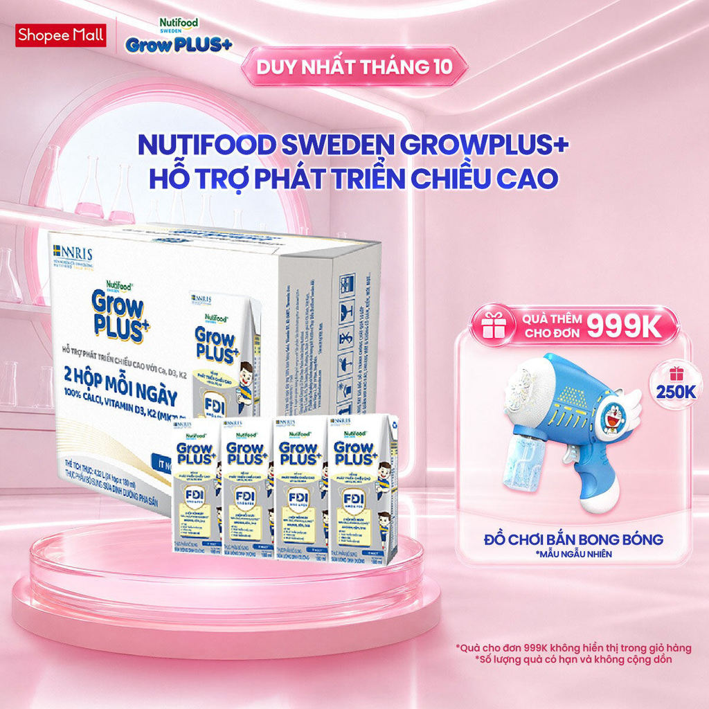 Thùng 24 hộp Sữa Bột Pha Sẵn Nutifood Sweden GrowPLUS+ Cao lớn vượt trội 24 hộp 180 ml