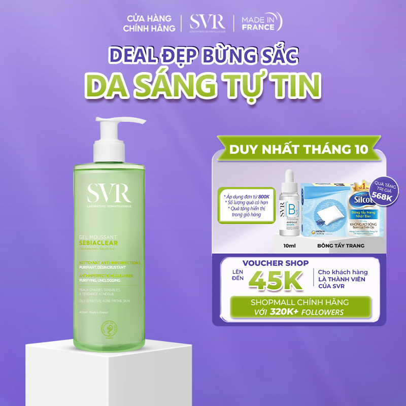 [ĐƠN 1TR6 TẶNG QUÀ] Gel rửa mặt cho da dầu mụn, không chứa xà phòng SVR Sebiaclear Gel Moussant 400ML
