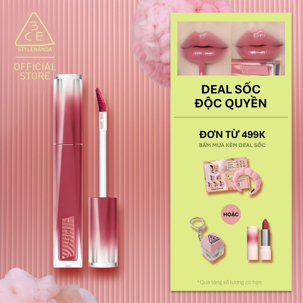 Son Tint Hiệu Ứng Pha Lê 3CE Misty Lip Bare Mỏng Nhẹ Trong Veo, Bền Màu, Mịn Mượt, Không Bết Dính