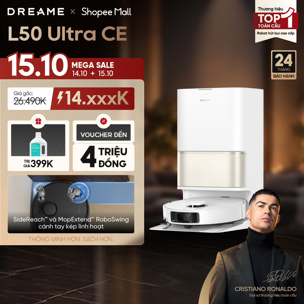 Dreame L50 Ultra CE Robot hút bụi thông minh | lực hút 25.000Pa | tự giặt giẻ nước nóng 80°C | BH 24 tháng