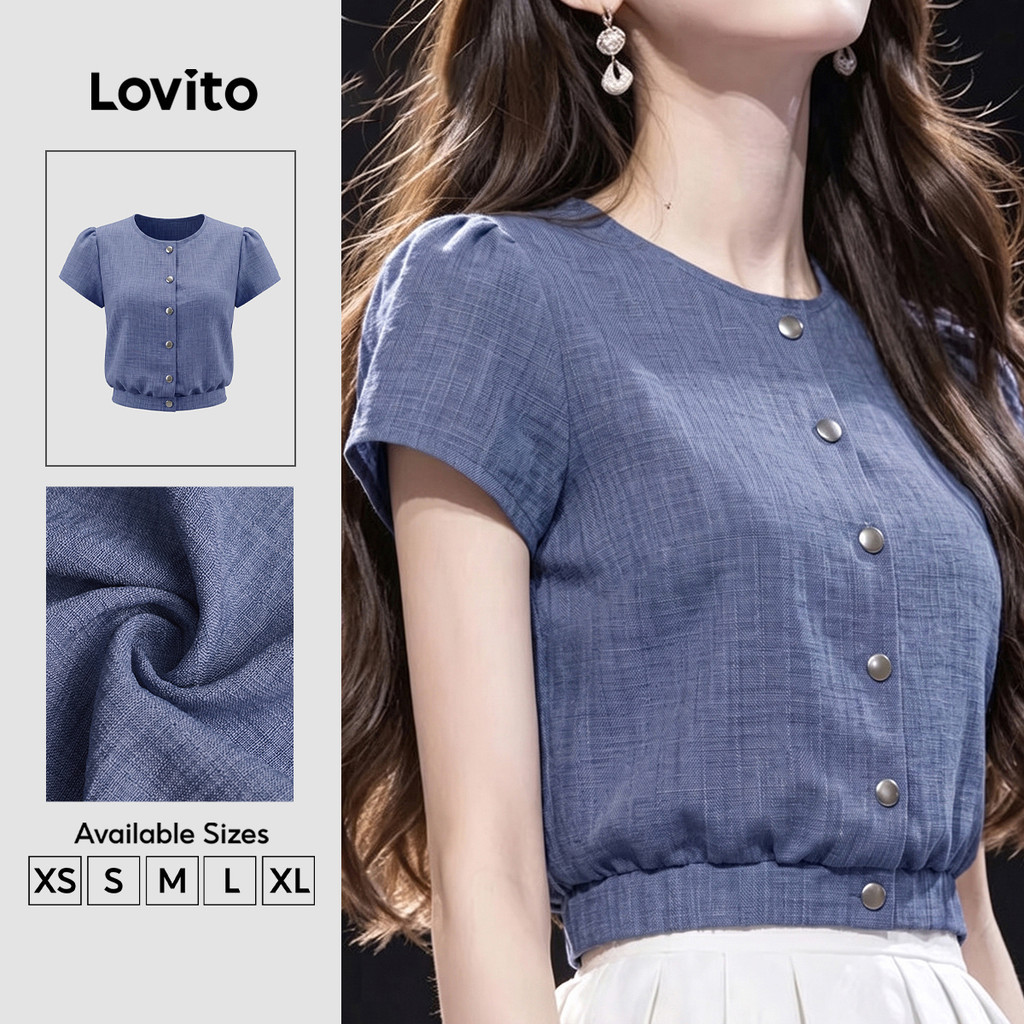 Lovito Áo Sơ Mi Nữ Phong Cách Retro Thập Niên 90 Cài Cúc Đơn Giản Màu Xanh Đậm Thích Hợp Cho Mùa Xuân/hè BLK9P1D523
