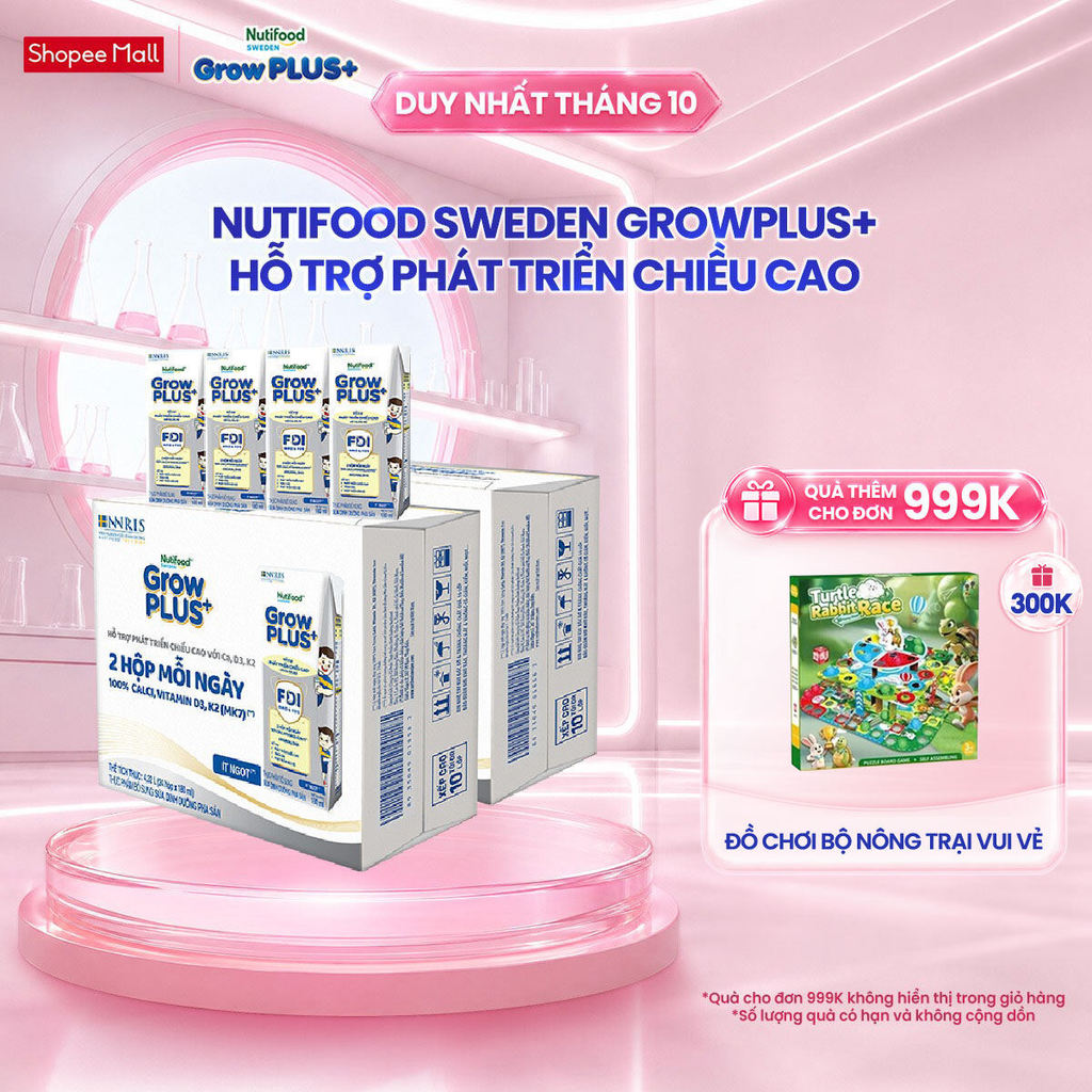 Combo 2 Thùng 24 Hộp Sữa Bột Pha Sẵn Nutifood Sweden GrowPLUS+ Cao lớn vượt trội hộp 180 ml