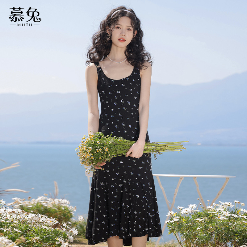 Mutu Đầm Two-Piece Mori Girl Hoa Pháp Mùa Xuân, Cardigan Dệt Kim Màu Xám