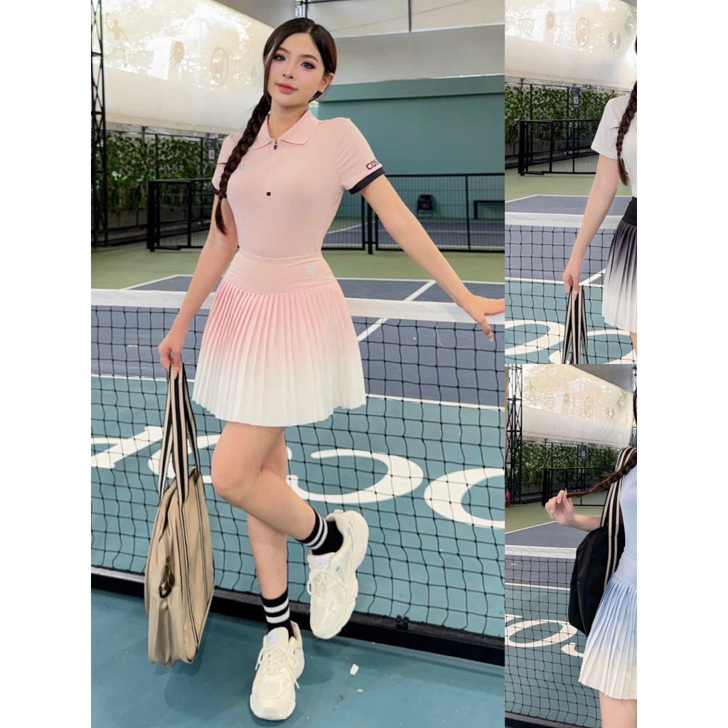 Sét Áo Polo Cổ đức Phối Váy Xếp Ly Loang Cosleaf, Sét Tập Gym,Pickleball,Tennis Chất Thun Lạnh Siêu Xinh Hàng QCCC