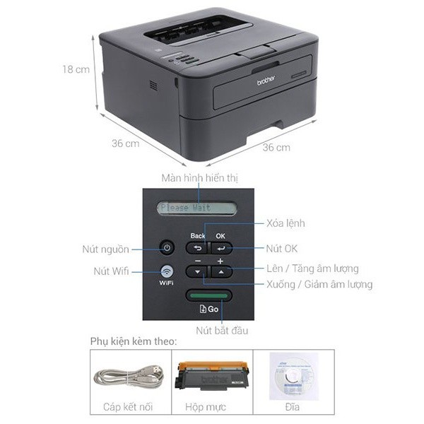 Máy in laser đơn năng Brother HL-L2366DW - Wifi, in 2 mặt tự đông -Tốc độ in 30ppm