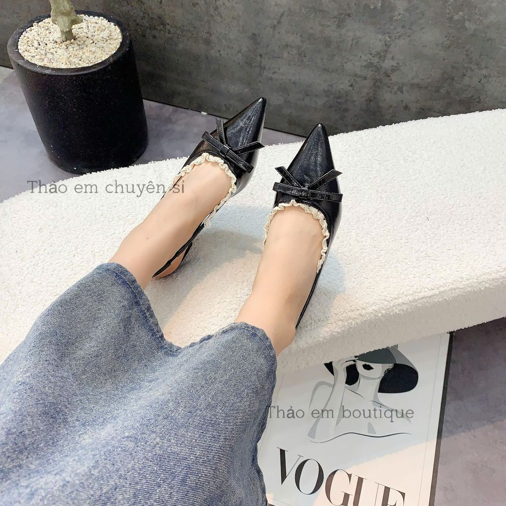 [Thảo Em - SBNR93 ] Sục bệt nữ mũi nhọn nơ mũi phối viền ren da mềm sang chảnh màu Đen Kem Nâu
