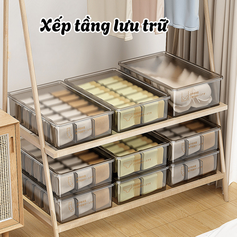 Hộp Đựng Đồ Lót Chia Ngăn Trong Suốt Có Nắp Đậy, Hộp Đựng Tất Vớ Quần Lót Gọn Gàng