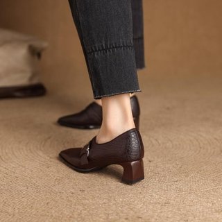 Giày Cao Gót Nữ Mũi Vuông Dày Gót Thắt Lưng Khóa Thời Trang