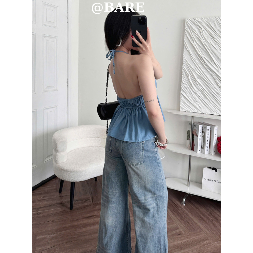 Áo Yếm Linen Hai Dây Hở Lưng Buộc Nơ – Áo Kiểu Croptop Sexy Đi Biển_A511