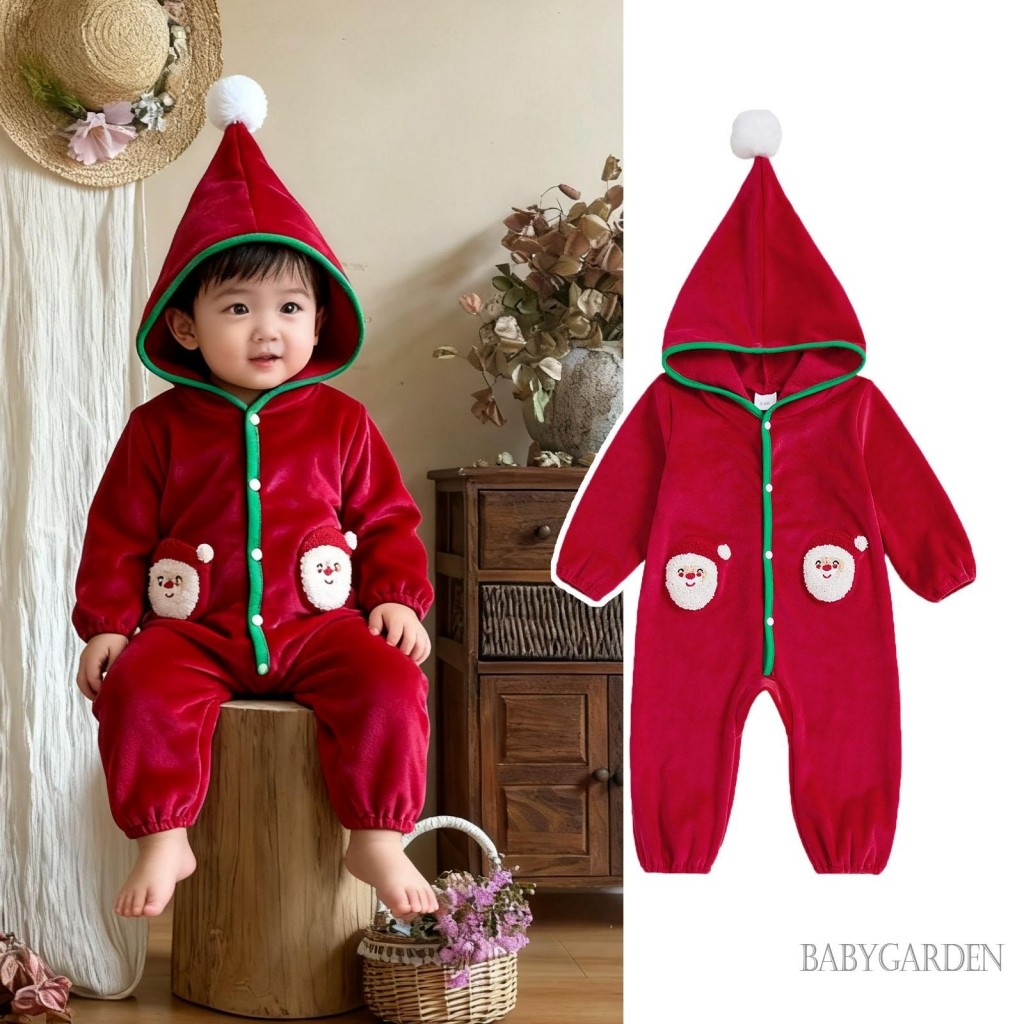 Áo liền quần Giáng sinh cho bé sơ sinh Áo liền quần thời trang ông già Noel thêu tay dài có mũ trùm đầu