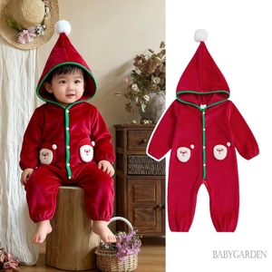Áo liền quần Giáng sinh cho bé sơ sinh Áo liền quần thời trang ông già Noel thêu tay dài có mũ trùm đầu