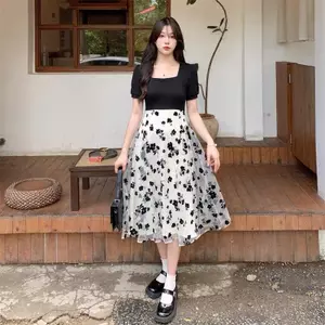 Đầm hoa tiệc cổ vuông bigsize nữ sang chảnh dáng dài trung niên cho mẹ summer flowers vintage dress