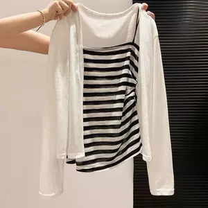 Bộ đồ thời trang thường ngày phong cách Hàn Quốc Dây đeo sọc xếp li màu trơn Áo len chống nắng dài tay phong cách mới mùa hè Hai @ -