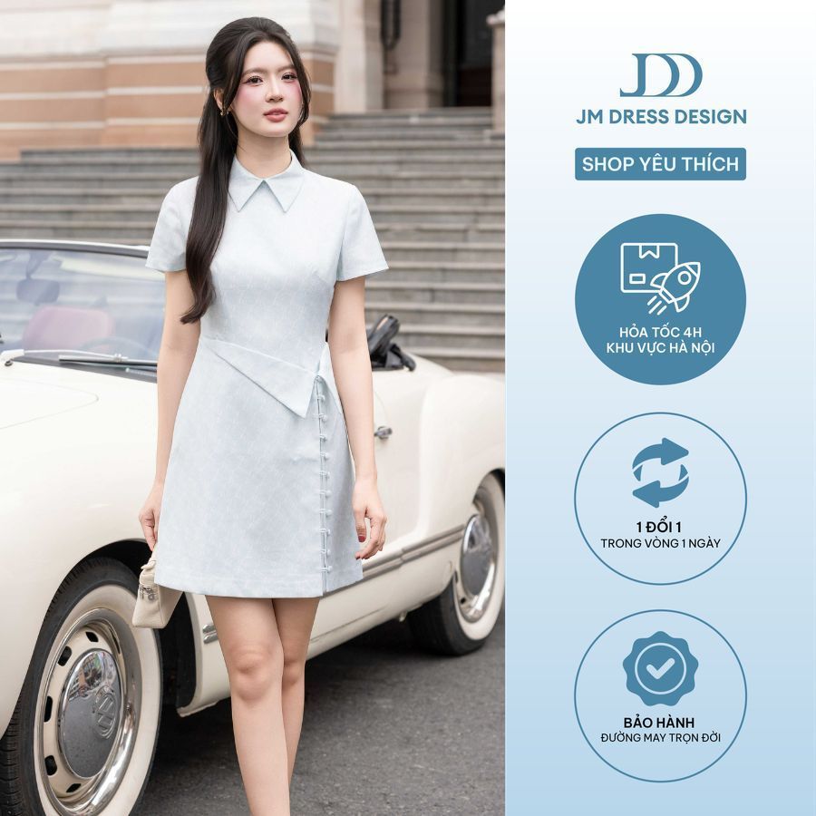 Đầm Xuân Hè Dáng A Cổ Đức Chân Bẻ Nẹp 1S15.2601. Đầm Monogram Thanh Lịch Công Sở, Đầm Nữ Thiết Kế Tối Giản Design By JM