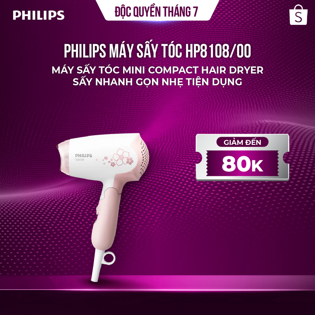 Philips Máy Sấy Tóc HP8108/00 – Máy Sấy Tóc Mini Compact Hair Dryer Sấy Nhanh Gọn Nhẹ Tiện Dụng