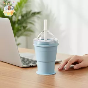 Cốc đá Hoey 600ml có thể gập lại di động có ống hút tích hợp và khuôn đá để đi du lịch thể thao ngoài trời đa chức năng