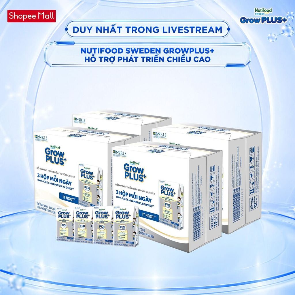 [Livestream Hannah Olala] Combo 4 Thùng 24 hộp Sữa Bột Pha Sẵn Nutifood Sweden GrowPLUS+ Cao lớn vượt trội hộp 110 ml
