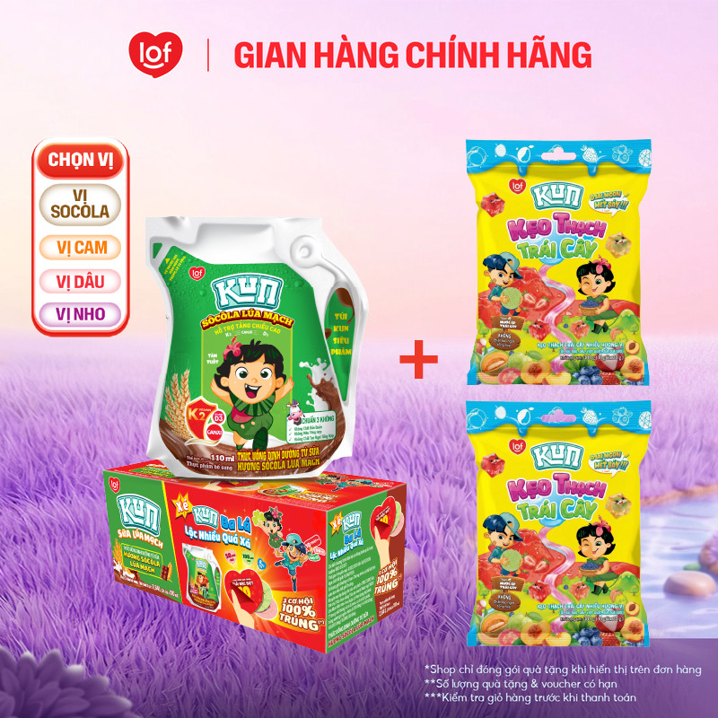 Combo 1 thùng sữa KUN túi và 2 túi kẹo thạch trái cây KUN nhiều hương vị