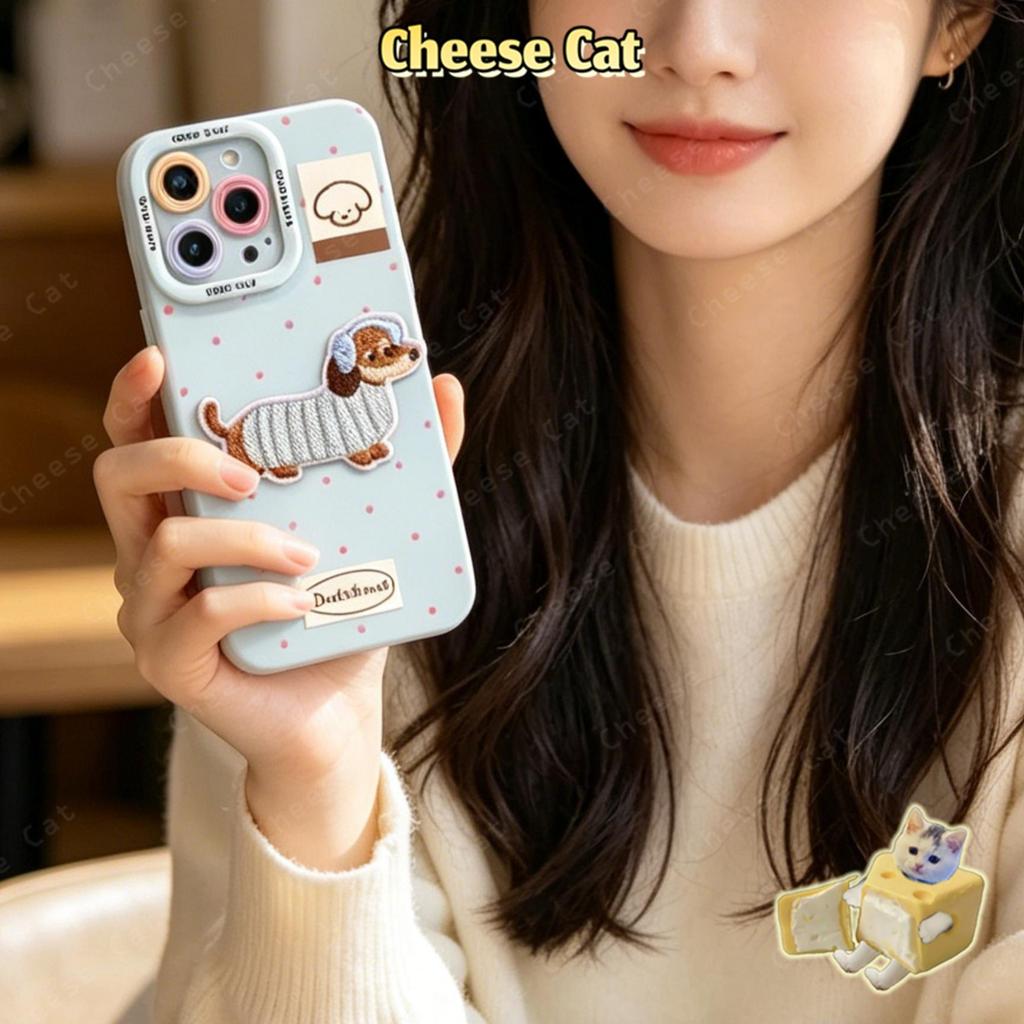Ốp điện thoại màu hồng chấm bi thêu dễ thương Dachshund xanh sữa vàng cho iPhone 13 14 11 12 15 16 17 Pro Max Xs Max XR