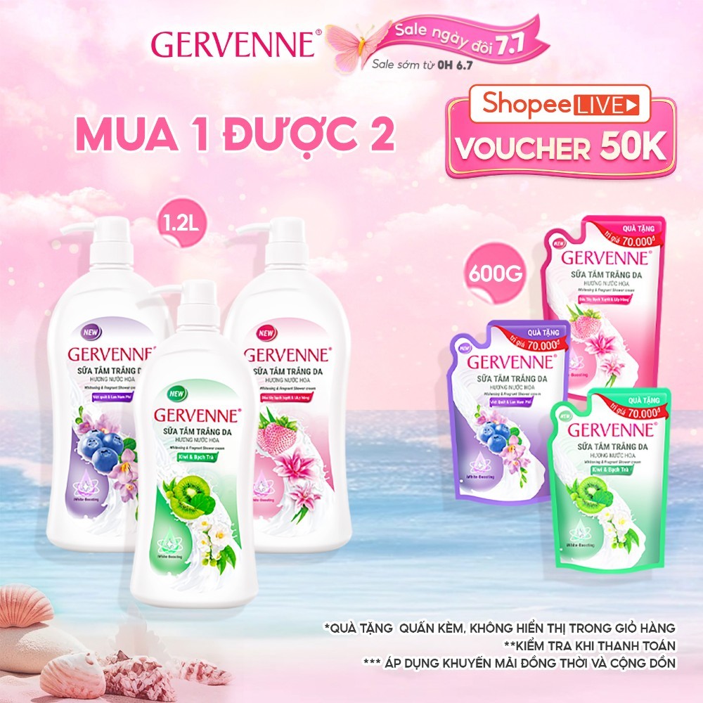 [TẶNG TÚI 600G] Sữa tắm trắng da Gervenne 1.2L + Tặng kèm Túi sữa tắm 600g (Tặng mùi ngẫu nhiên)
