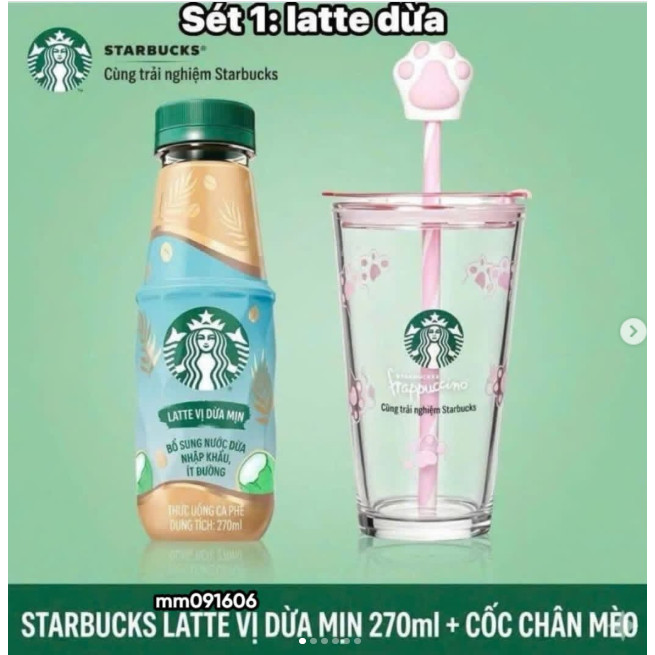 COMBO STARBUCKS 1 CHAI NƯỚC 250ML + 1 BÌNH THỦY TINH CHÂN MÈO 450ML