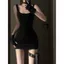Mùa hè Plus kích thước Pure Desire Little Black Dress Fat mm Cổ vuông Sling Túi thắt lưng hẹp Mông Bọc bó sát Flesh Slimer Look Hot Girl Váy không tay nữ