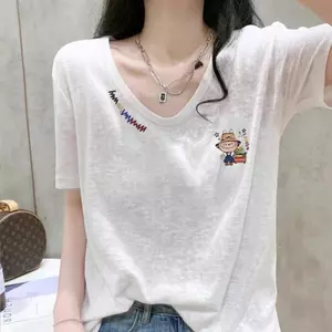 Áo thun ngắn tay màu trắng mùa hè 2025 dành cho nữ Size lớn mỏng cổ chữ v nửa tay bằng vải lanh cotton