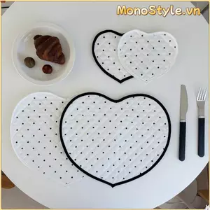 MONOSTYLE Placemats hình trái tim, Thảm cốc nước trang trí bằng vải Cotton, Chăn kiểu Pháp Tình yêu chấm bi chấm bi Thảm thực phẩm phương Tây Trang trí nội thất