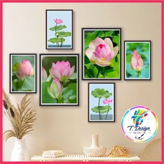 Sét 6 tranh decor góc thiền, tu tập, chữa lành, hoa sen phật, tranh dán tường, có sẵn keo