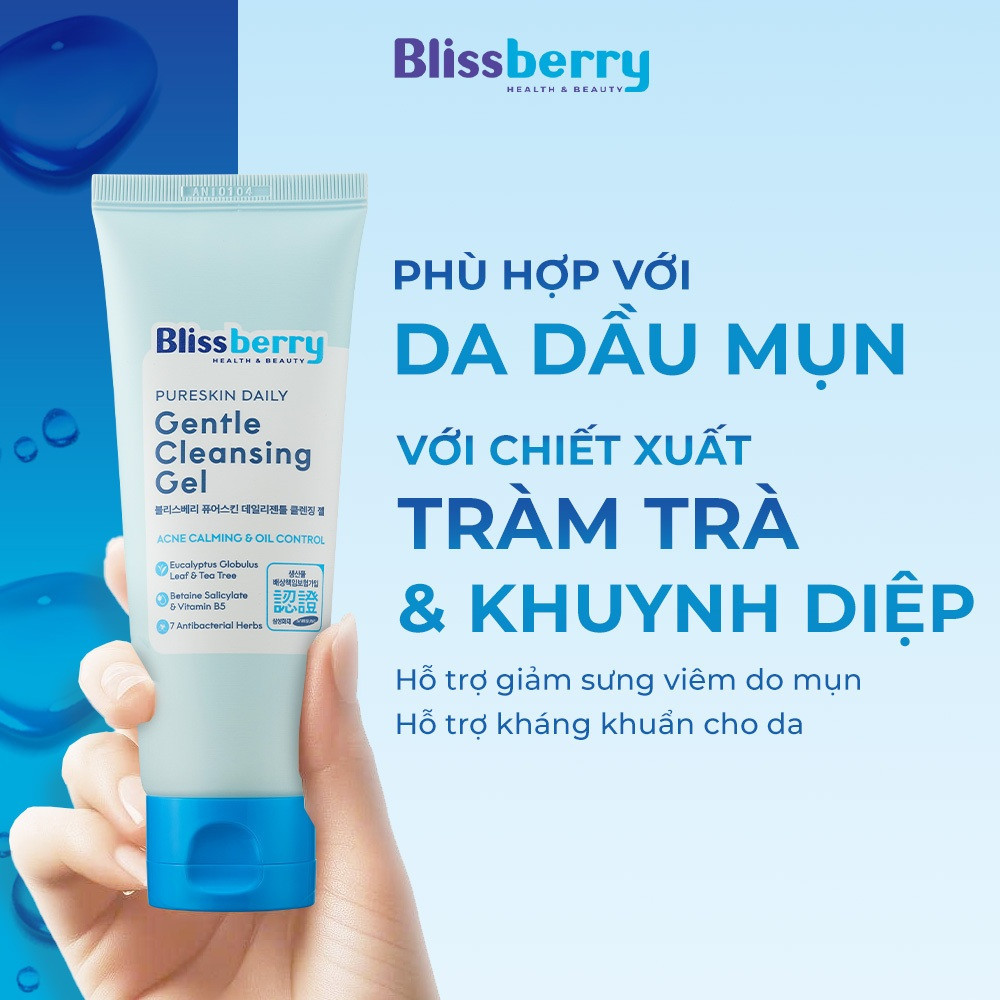 [DA DẦU MỤN] Sữa Rửa Mặt BHA PH 5.5 Dịu Nhẹ Giảm Mụn+ B5 Duy Trì Độ Ẩm Blissberry Daily Gentle Cleansing Gel 100ml