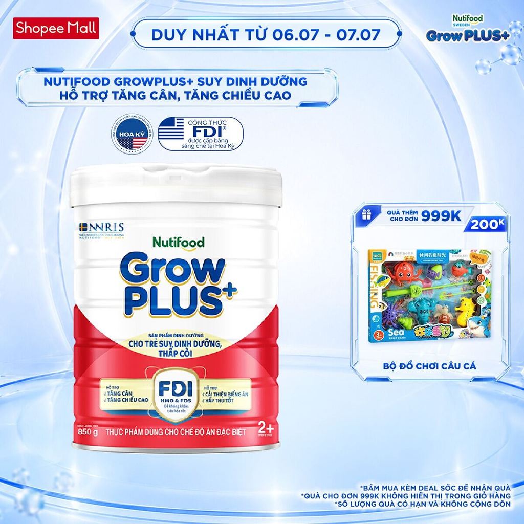Sữa bột Nutifood GrowPLUS+ Suy Dinh Dưỡng (Đỏ) 2+ - Tăng Cân, Tăng Chiều Cao (Lon 850G)