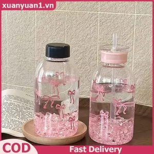 XUAN Kawaii Bình Nước Thẩm Mỹ Tumbler Cho Đá Cà Phê Nước ép Trà Nơ Dễ Thương Cốc Nhựa Có Nắp Ống Hút Chai Uống Di Động VN