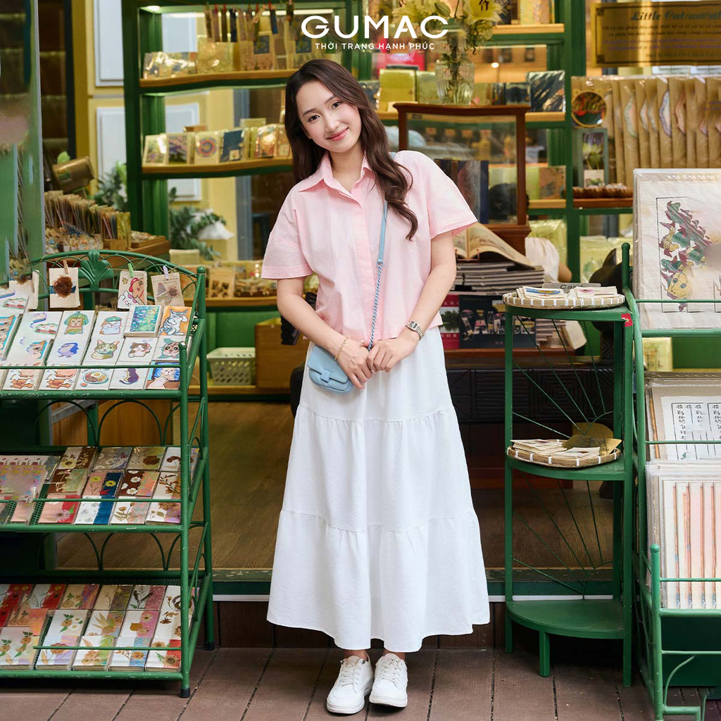 Chân Váy Midi Tầng GUMAC Form A Xoè Lưng Thun Có Túi Xéo Chất Cotton Mịn 2 Lớp Mềm Mát YVF11042