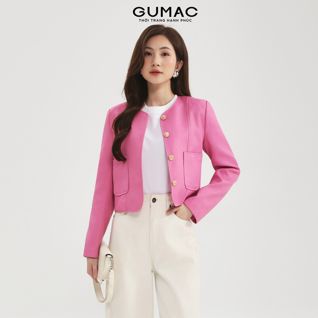 Áo Khoác Dạ Nữ GUMAC Dáng Lửng Cổ Tròn Tay Dài Có Đệm Vai Chất Bố Đứng Form LOWF1110