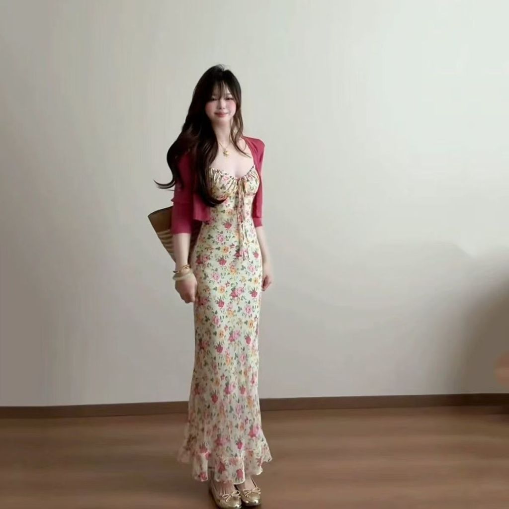 Dopamine Vẻ Đẹp Tươi Sáng Trẻ Em Slim-fit Hoa Xuân Hè Sling Đầm Kỳ Nghỉ Cardigan Phù Hợp Với Váy Dài eo hẹp