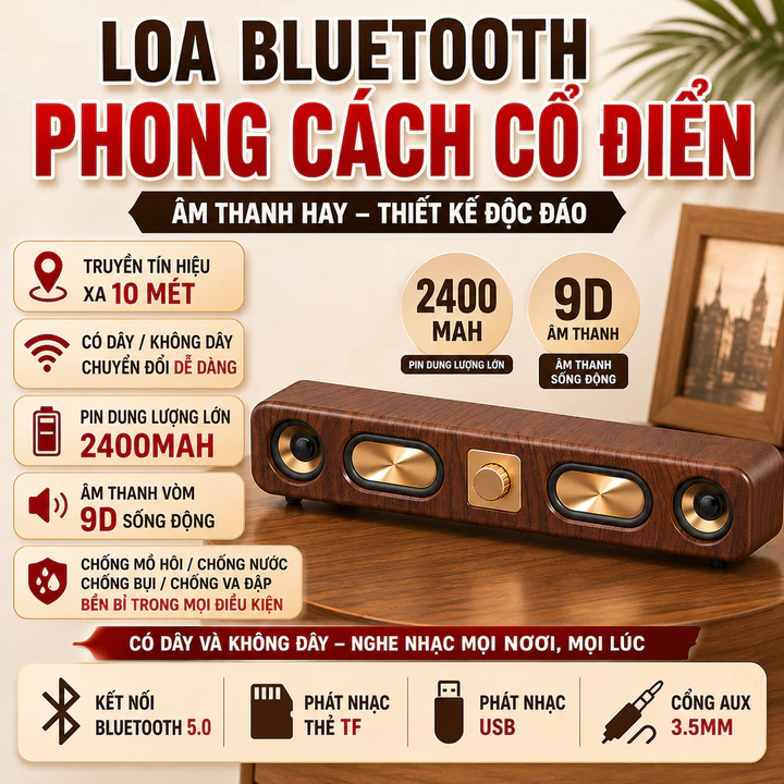 Loa Bluetooth Gỗ Retro Loa Không Dây Loa Thanh Loa Mini Loa Cắm Thẻ TF Loa Desktop Loa Nghe Nhạc Radio FM